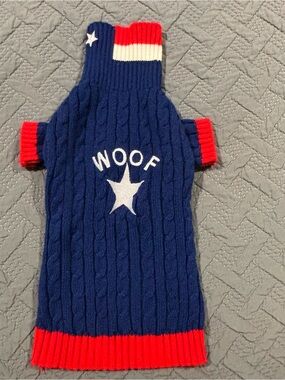 Woof Cable-Knit Dog Sweater in Navy with Red & White Trim